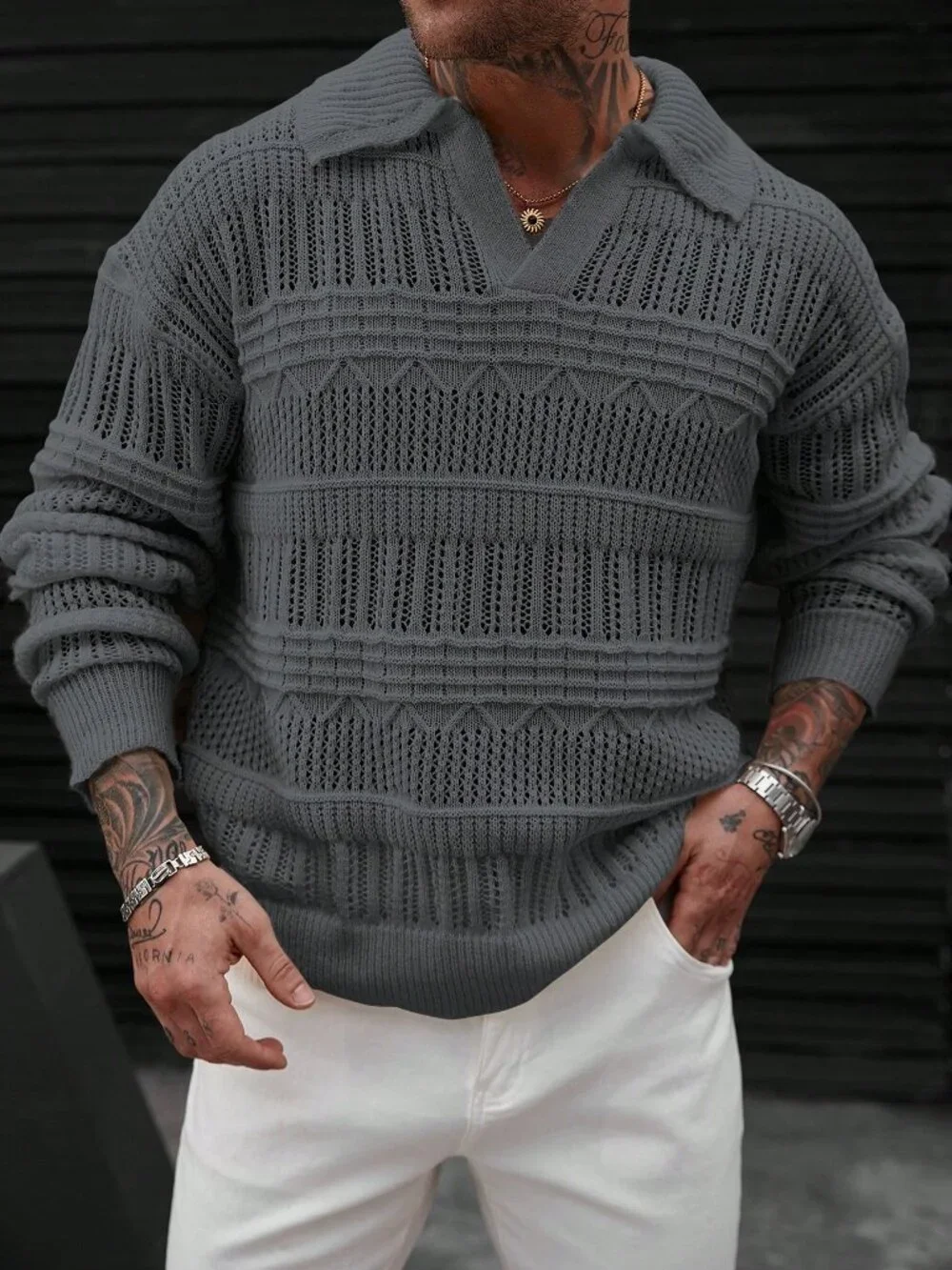 Grey Loose Casual Men's Long Sleeve V Neck Drop Shoulder Knit Sweater